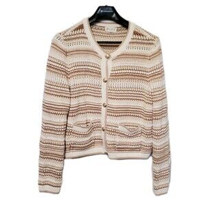 Reunited Clothing Marled Crochet Sweater Statement Buttons Pockets XL Beige Tan